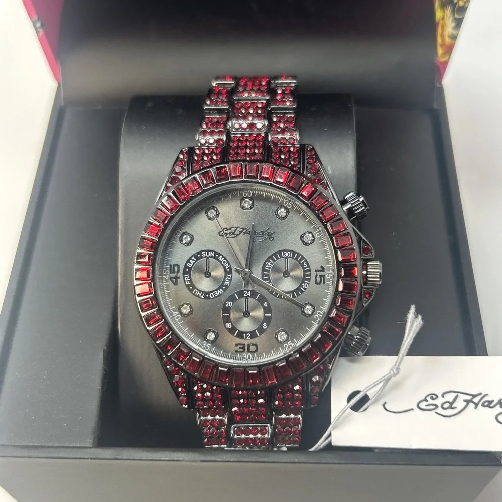 NIB Ed Hardy Red Crystal Iced Out Women's Watch Multi-Subdial Face ($85 Retail)